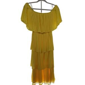 Just Me - Womens Off The Shoulder Yellow Tiered Ruffle Midi Dress - Size Medium